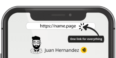 Close-up illustration of a smartphone screen showing a Name.page URL, a user profile with audio pronunciation, and a label saying one link for everything—representing the Name.page Referral Program and its link-sharing benefits.